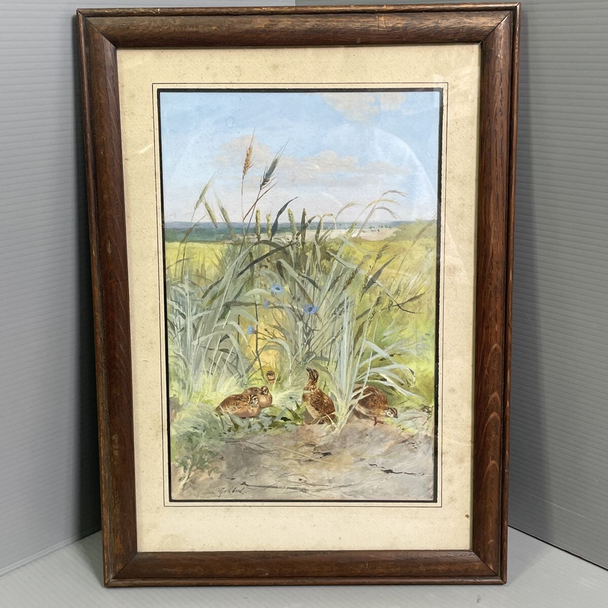10b41★真作 ガストン ジェルベール 鶉 親子 水彩画 うずら ゲリベルト Gaston Gelibert 整理品 ホビー 美術品 絵画 動物画