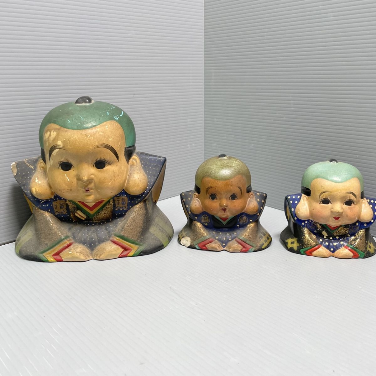 6r11★1000円～★福助 人形 3体セット 貯金箱 縁起物 昭和レトロ 整理品★アンティーク コレクション 雑貨 ヴィンテージ 蔵出し うぶ出し