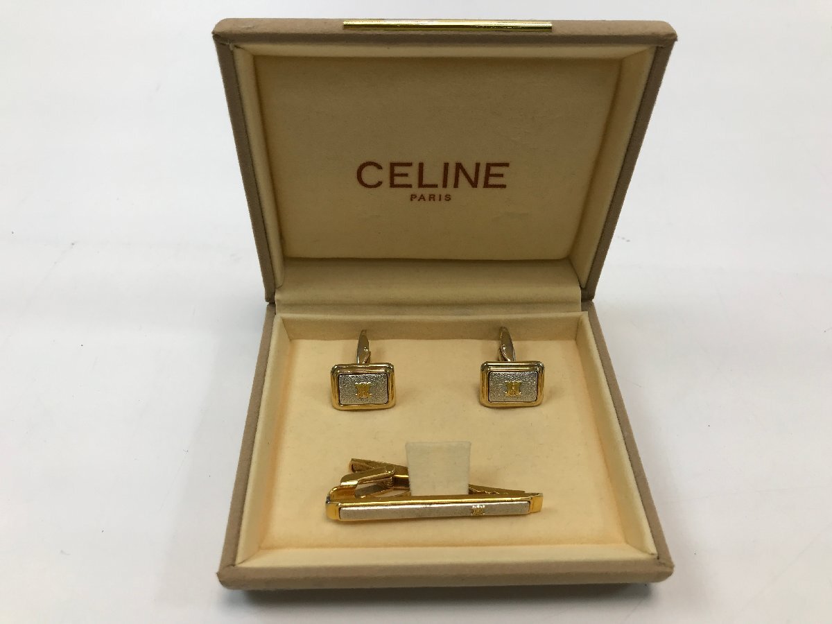 【7-2-7854】CELINE セリーヌ マカダム トリオンフ カフス ネクタイピン セット タイバー ブラゾン ロゴ ゴールド シルバー バイカラー