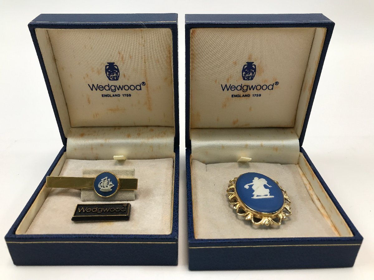 【7-2-4752】Wedgwood ウェッジウッド ジャスパー ネクタイピン ブローチ 2点セット タイバー カメオ 船 女神 ブルー 青 ゴールド金具