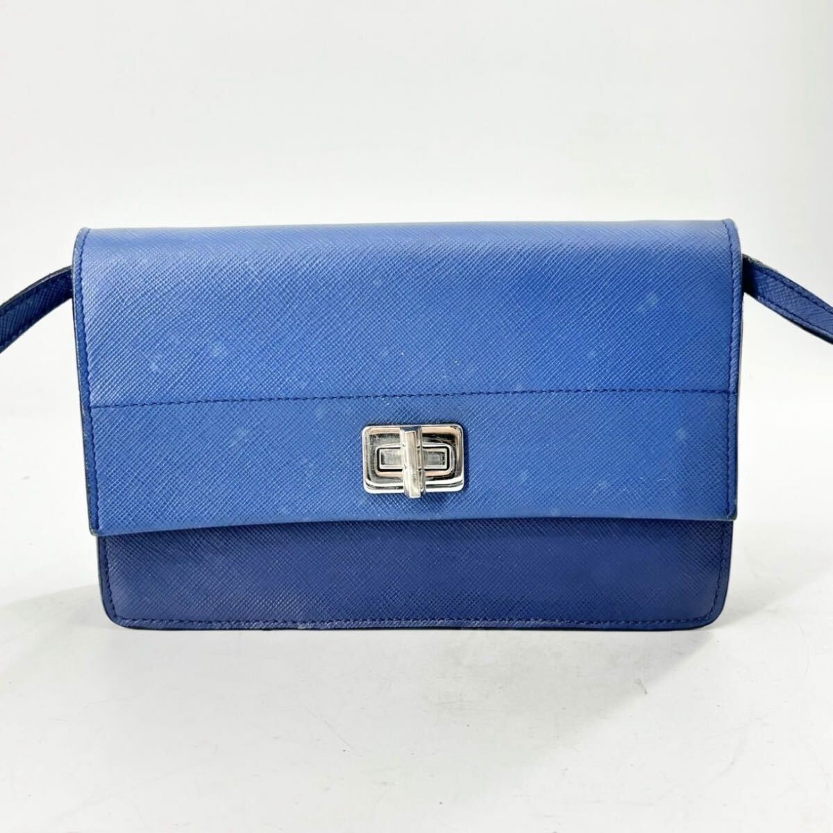 【美品/希少カラー】 プラダ サフィアーノ ターンロック ショルダーバッグ ブルー バイカラー クラッチ 斜め掛け PRADA ウォレット レザー