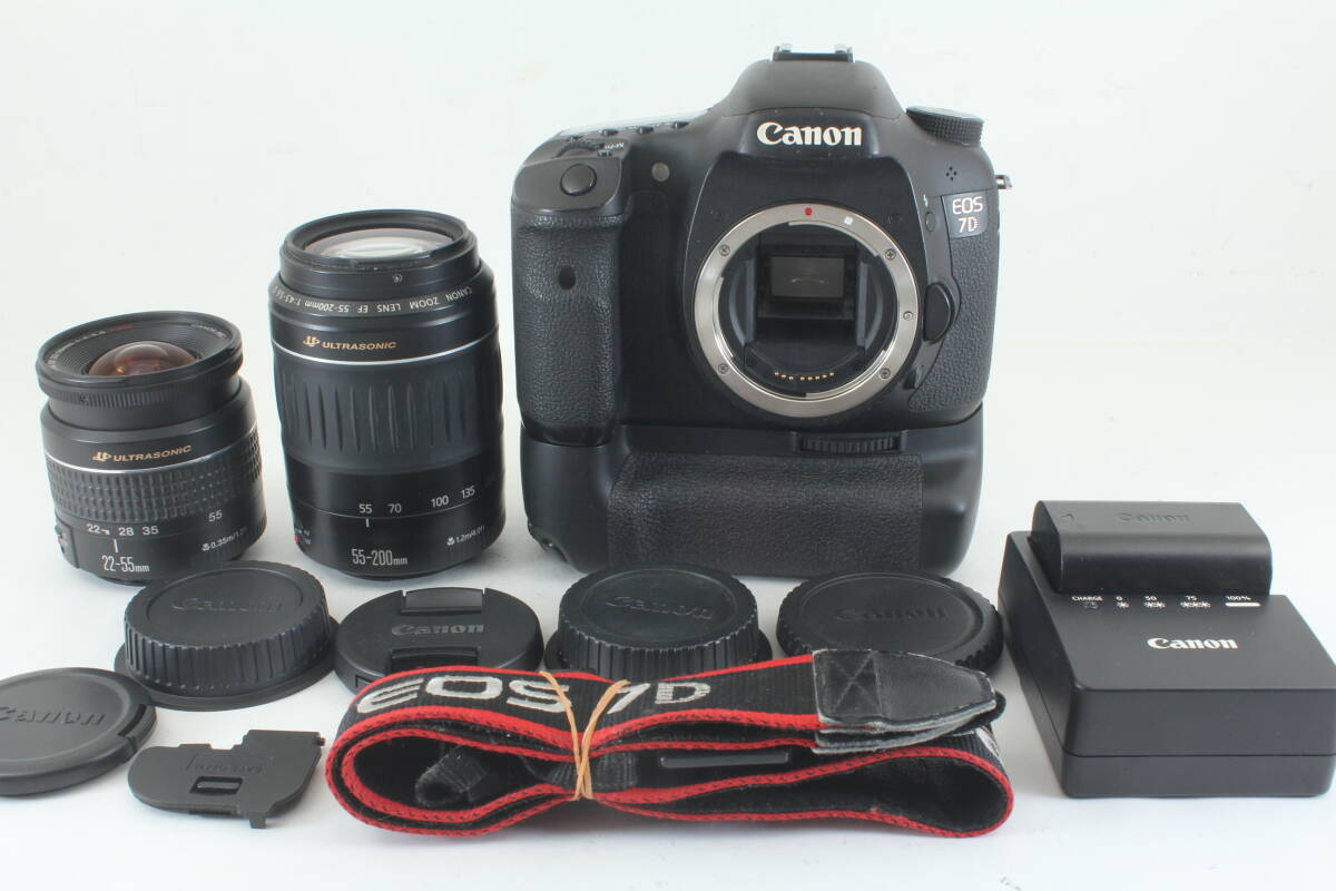 ダブルズーム Canon キャノン EOS 7D 22-55mm f4-5.6 USM 55-200mm f4.5-5.6 ii デジタル一眼カメラ レンズ バッテリーグリップ BG-E2 037
