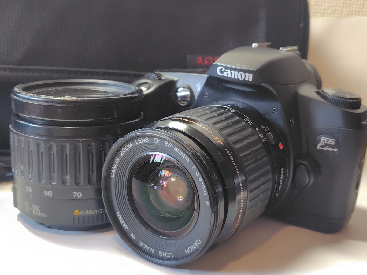 ★美品★CANONキャノン EOS kiss + 28-80mm 3.5-5.6 ii + 35-105mm 4.5-5.6 シャッター フラッシュ 巻き上げ OK #M209