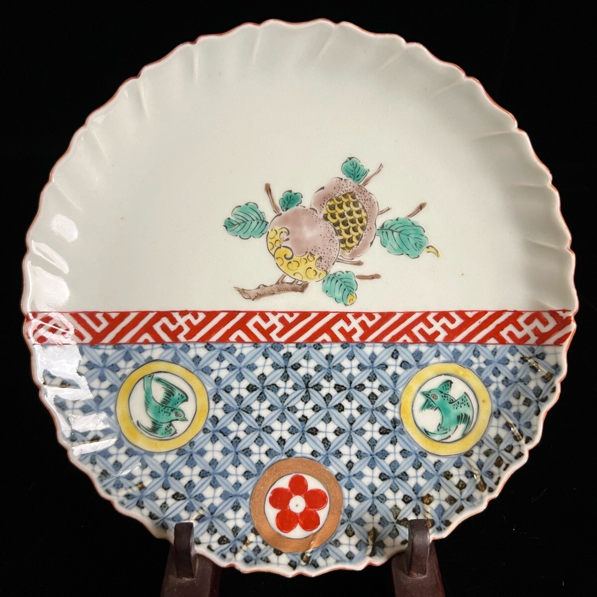 古九谷 江戸期 色絵花鳥七宝図 輪花皿 20.5cm 箱付 細密絵付 時代物 染付 古美術品 唐物骨董[麌]