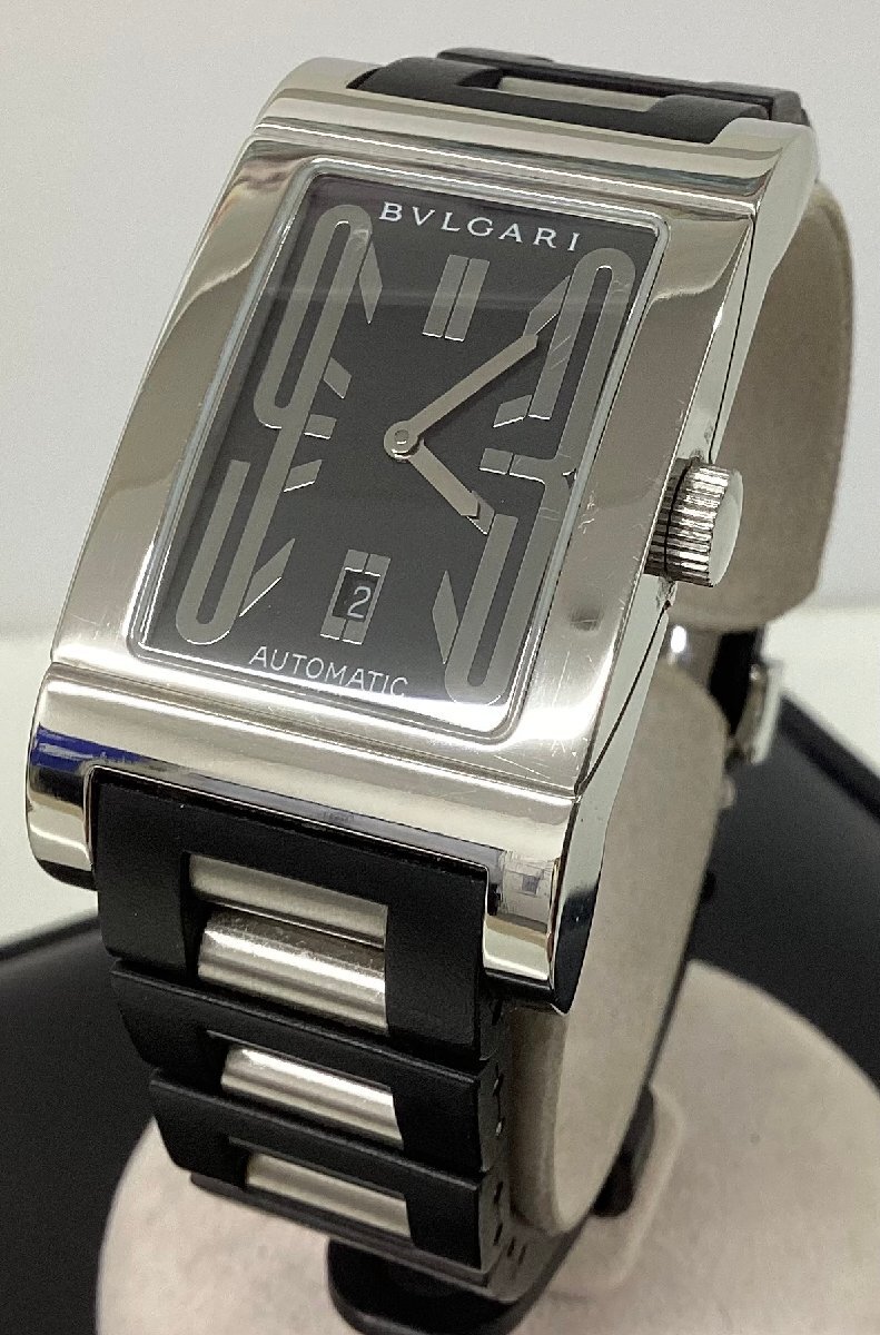 【稼働品】BVLGARI ブルガリ Rettangolo レッタンゴロ RT45S デイト SS×ラバー 黒文字盤 AT 自動巻き メンズ 腕時計 箱付