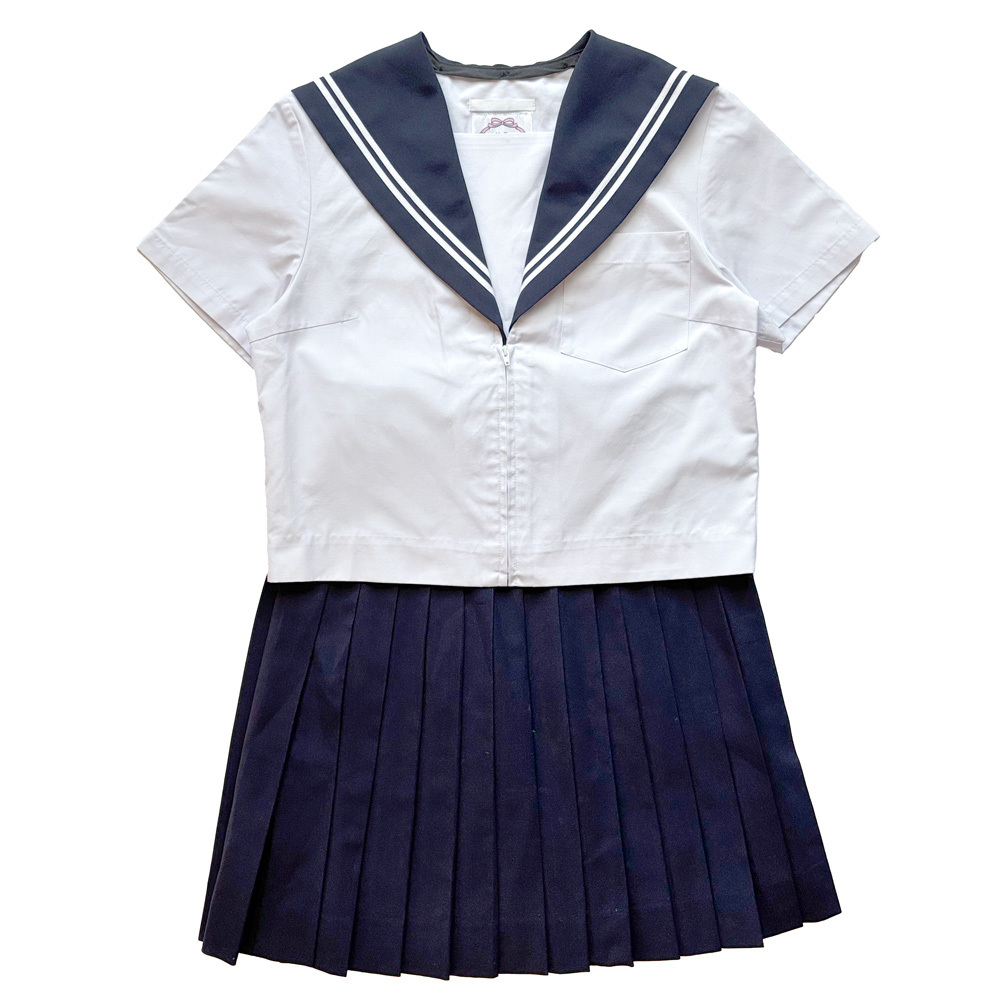 3399 | 制服上下2点 | 半袖セーラー 夏スカート | 夏服 | 紺襟×白2本ライン | w63-丈54 | 匿名配送 | ゆうパケット発送