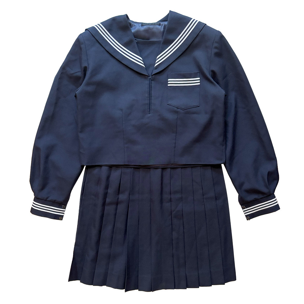 3400_ | 制服上下2点 | 長袖セーラー 冬スカート | 冬服 | 紺襟×白3本ライン 大きいサイズ | w64-丈61 | 匿名配送