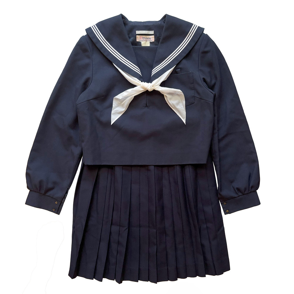3406_ | 制服上下3点 | 長袖セーラー 冬スカート 白スカーフ | 冬服 | 紺襟×白3本ライン | w66-丈68 | 匿名配送