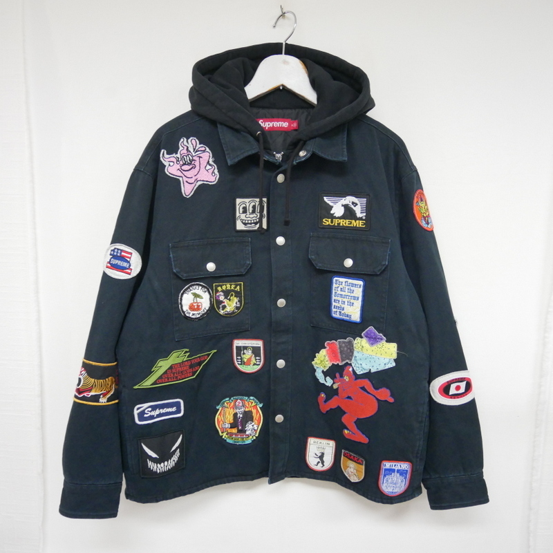 【1円】良好 Supreme 国内正規 25SS Patches Hooded Zip Up Shirt ワッペン装飾 フードレイヤードシャツ ジップシャツ Black ブラック 黒 S