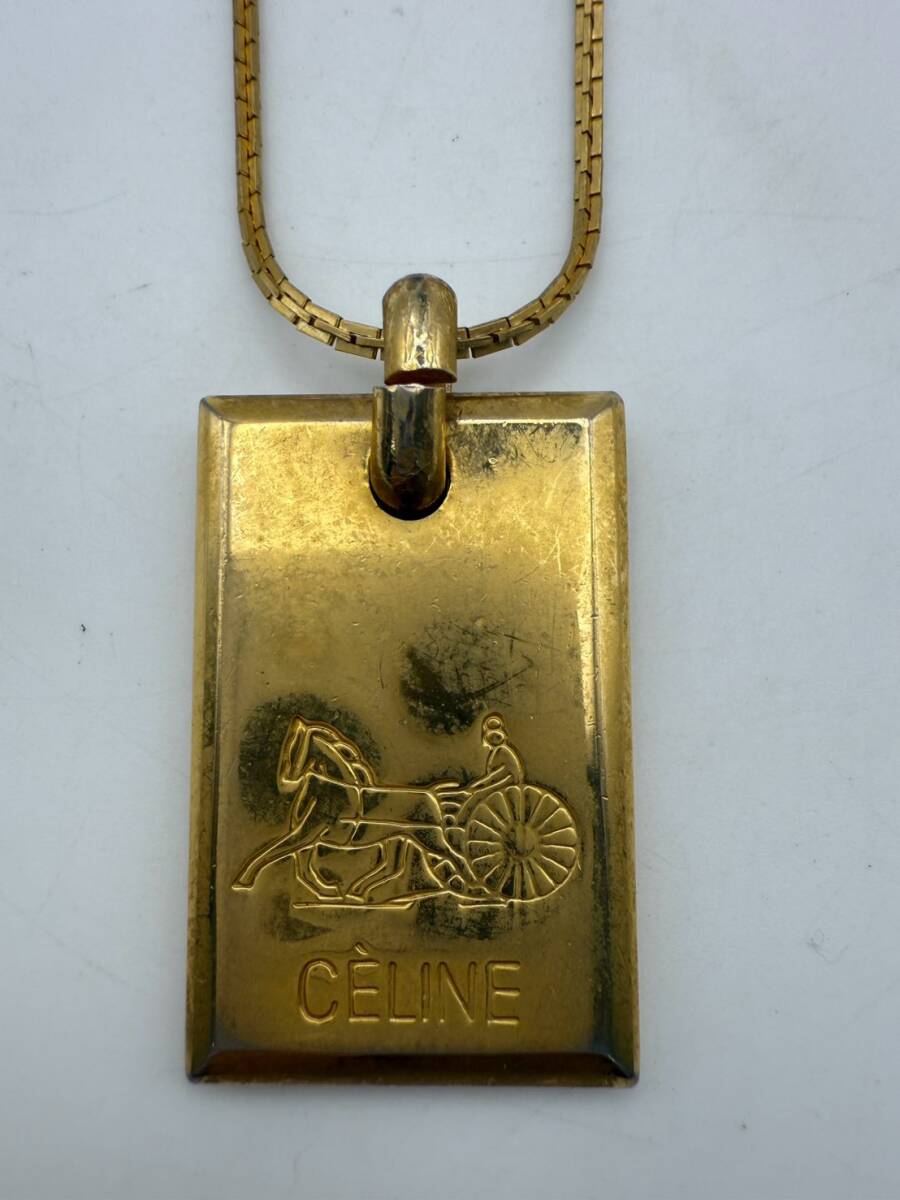 【1円スタート】CELINE セリーヌ ヴィンテージ 馬車ロゴ スクエアプレート ネックレス