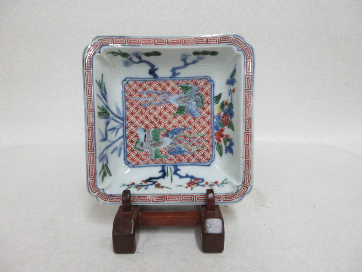 Ｔ５７１７　古伊萬里　柿右衛門　色絵　七宝鳳凰松竹梅文隅入額皿　角皿　合箱