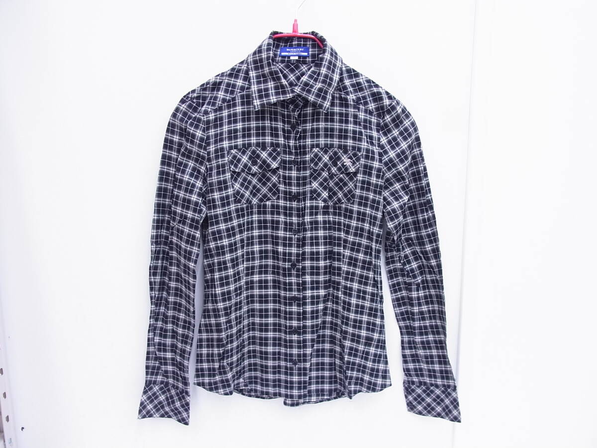 4658 ブランド祭 BURBERRY LONDON BLUE LABEL バーバリー ロンドン ブルーレーベル 長袖シャツ フラップポケット ロゴ刺繍 黒 38 古着 中古