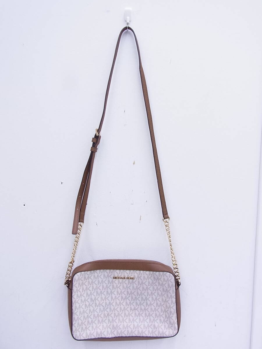 4673 ブランド祭 マイケル コース MICHAEL KORS ショルダーバッグ 35F8GTTC3B ゴールドチェーン ホワイト系×ベージュ MKシグネチャー 中古