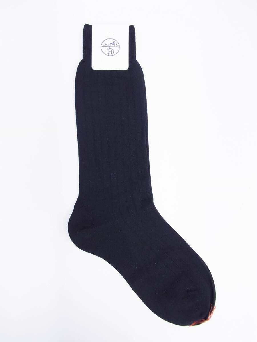4737 ブランド祭 HERMES エルメス 靴下 イタリア製 約24~25cm LANA WOOL 100% ブラック 黒 ソックス Hロゴ ビジネス 未使用保管品