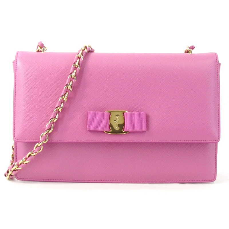 美品 Salvatore Ferragamo サルヴァトーレフェラガモ ショルダーバッグ 21-E480 GINNY ジニー チェーンショルダー ピンク 47000438