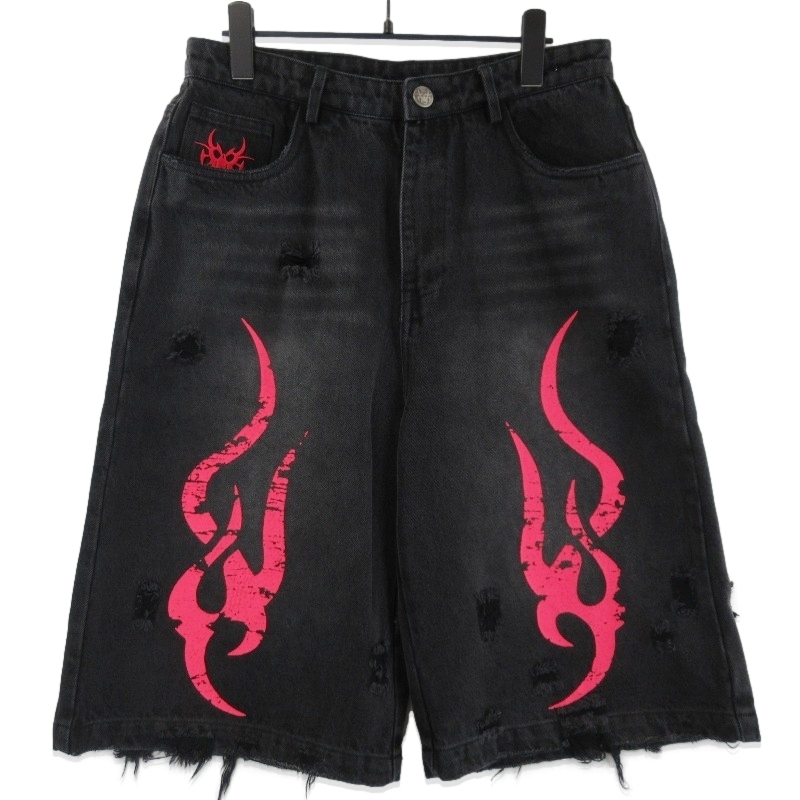 未使用 Chew Forever チューフォーエバー デニムショーツ SH05 トライバル プリント ダメージ加工 Tribal Denim ブラック S 71016455