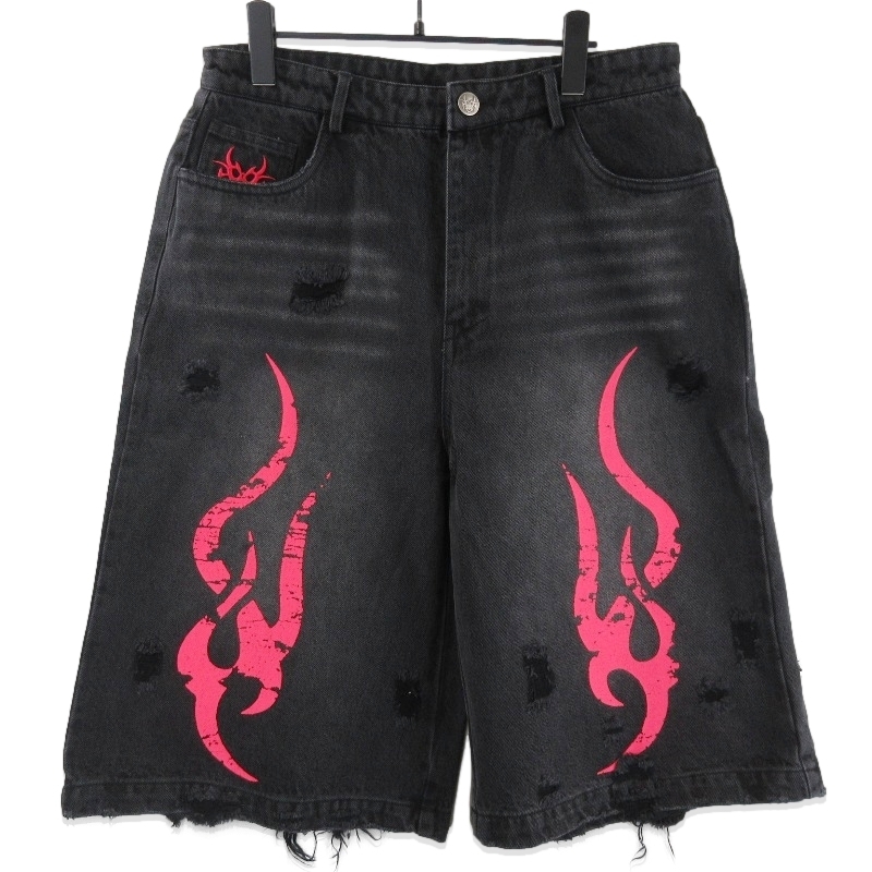 未使用 Chew Forever チューフォーエバー デニムショーツ SH05 トライバル プリント ダメージ加工 Tribal Denim ブラック M 71016456