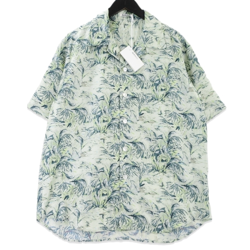 美品 AURALEE オーラリー PRINTED AIRY SILK HALF-SLEEVED SHIRT A26SS01AP アロハシャツ オープンカラーシャツ PALE GREEN 4 99001687