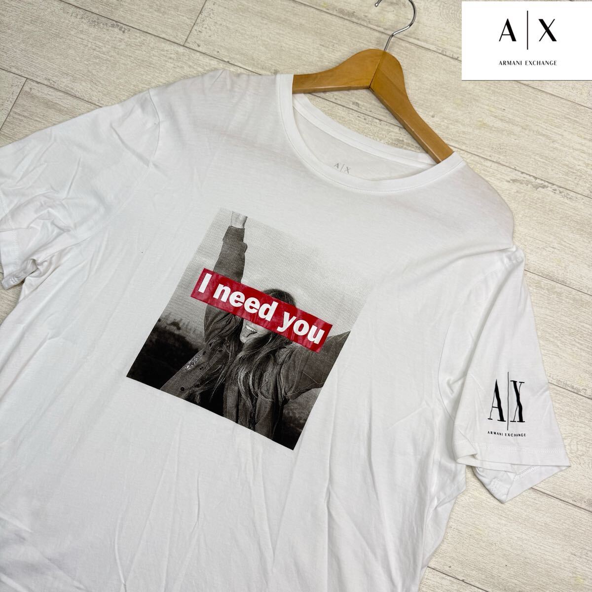 1円〜【美品】ARMANI EXCHANGE アルマーニエクスチェンジ I need you フォトホワイトトップスカジュアル サイズXL 大きめ 半袖Tシャツ