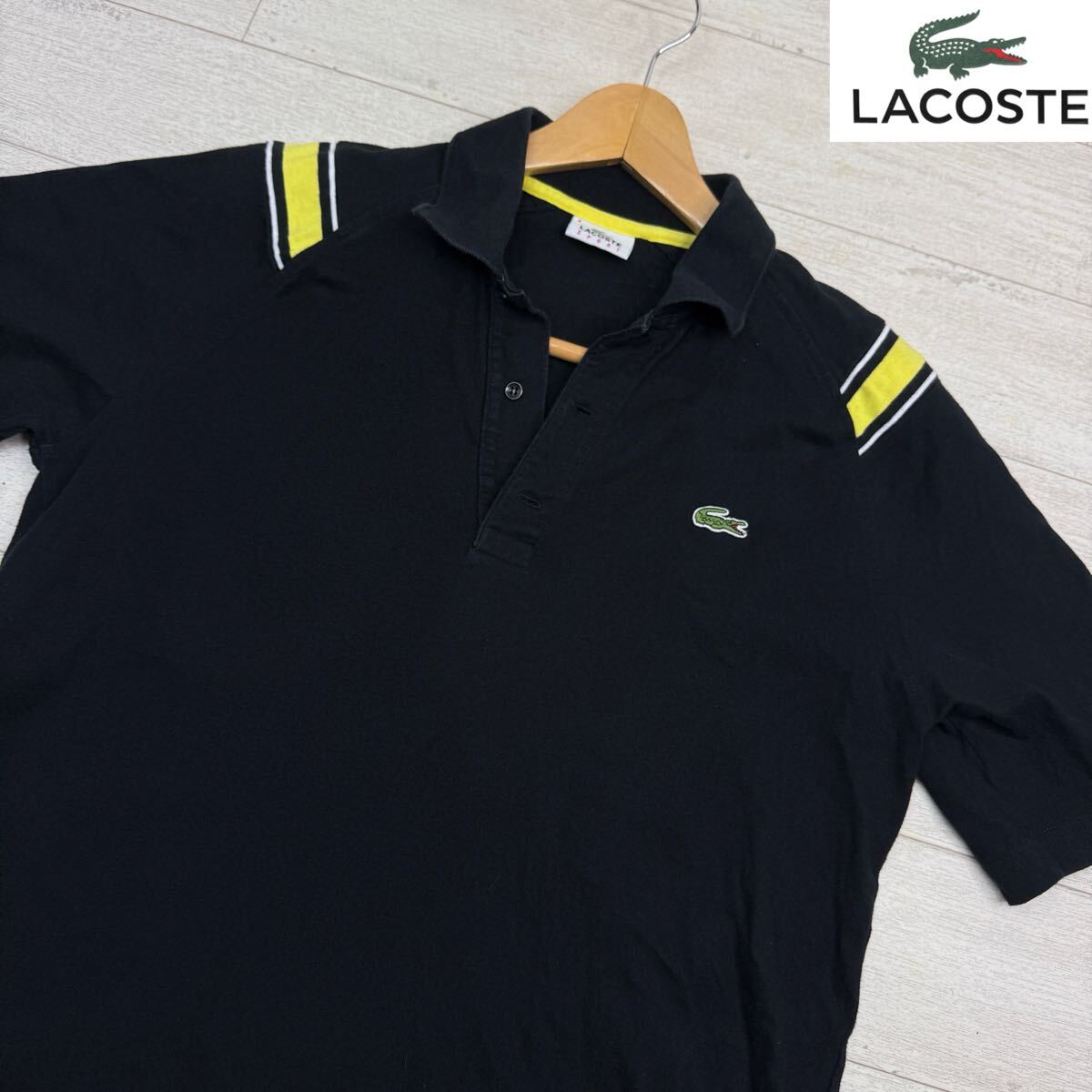 1円〜【未使用級】LACOSTE ラコステ 半袖ポロシャツ ブラック 黒 肩ラインデザイン トップス　カジュアル　サイズ4 メンズ