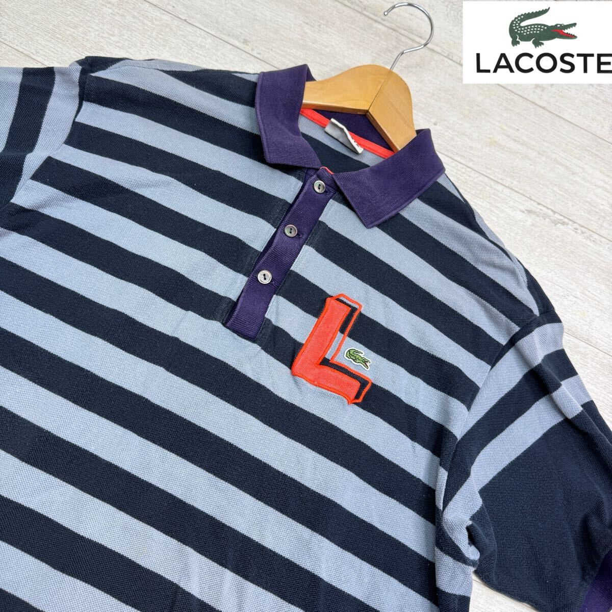 1円〜美品　LACOSTE ラコステ 半袖ポロシャツ ボーダー Lロゴ刺繍 ネイビー×グレーシェルボタン 鹿の子　トップス　サイズ5大きめ