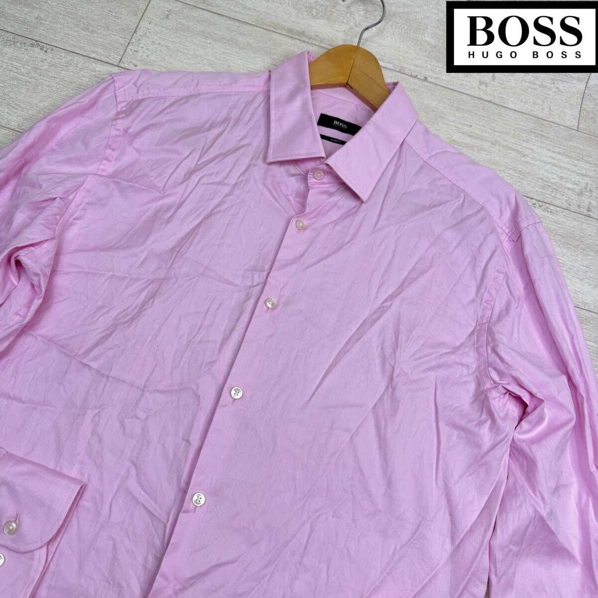 1円〜【未使用級】HUGO BOSS ヒューゴボス 長袖シャツ ピンク SLIM FIT メンズ　ドレスシャツ　トップス　カジュアル　サイズ44 17 1/2