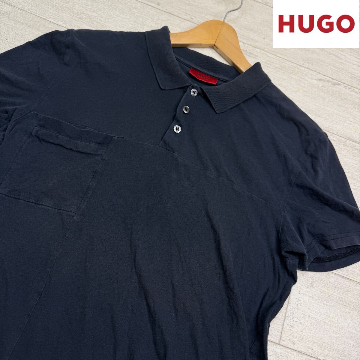 1円〜【未使用級】HUGO BOSS ヒューゴボス 半袖ポロシャツ 鹿の子 胸ポケット付き ブラック　サイズL トップス　カジュアル　メンズ