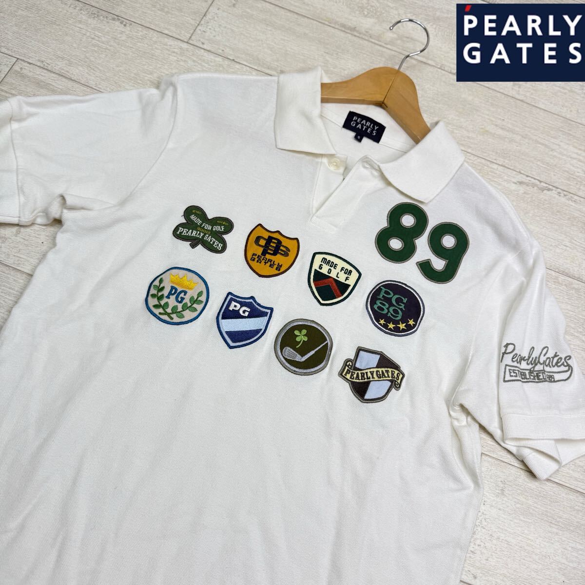 1円〜【未使用級】PEARLY GATES パーリーゲイツ 半袖ポロシャツ ホワイト 89ワッペン 刺繍 ゴルフウェア トップス　カジュアル　サイズ5