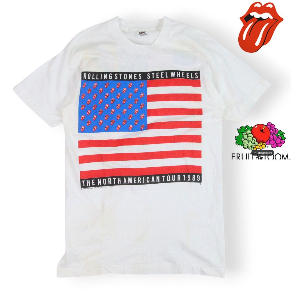 80s 美品 USA製 FRUIT OF THE LOOM ローリングストーンズ STEEL WHEELS THE NORTH AMERICAN TOUR 1989 バンド ライブ Tシャツ 白 L