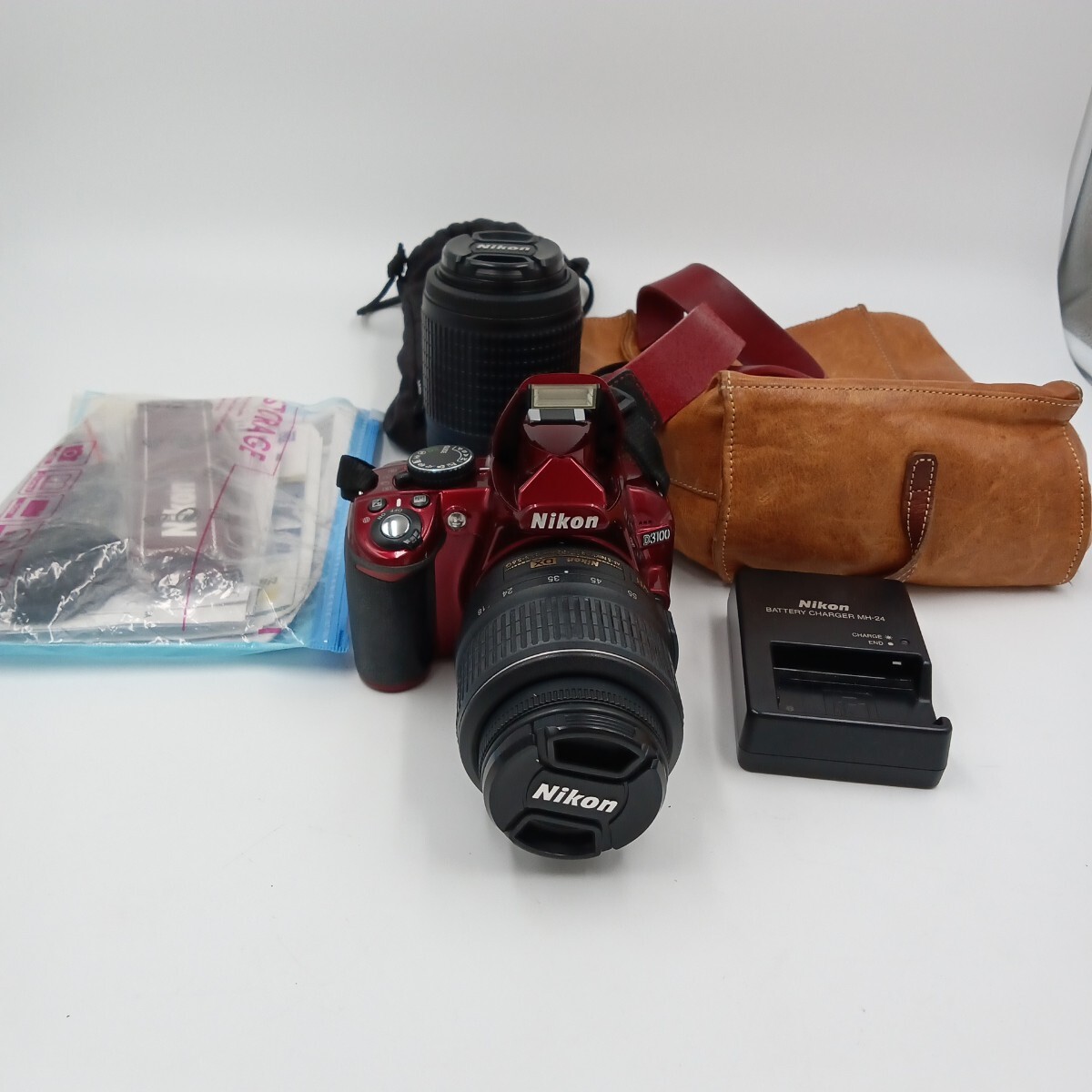 B Nikon ニコン デジタル一眼レフカメラ レッド D3100 2162303 ダブルズームキット レンズ NIKKOR 18-55 55-200 ストロボ開閉不具合あり