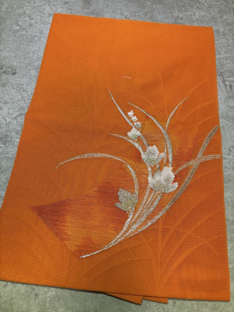 名古屋帯　正絹　絽　夏帯　花　華　草葉　仕付け糸　お太鼓柄　橙　着物　和服　和装　リメイク　ハンドメイド　生地　衣装　百貨店　高級