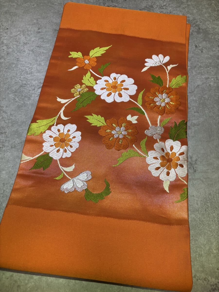 名古屋帯　正絹　花　華　枝葉　お太鼓柄　橙色　着物　和服　和装　リメイク　ハンドメイド　生地　衣装　百貨店　高級