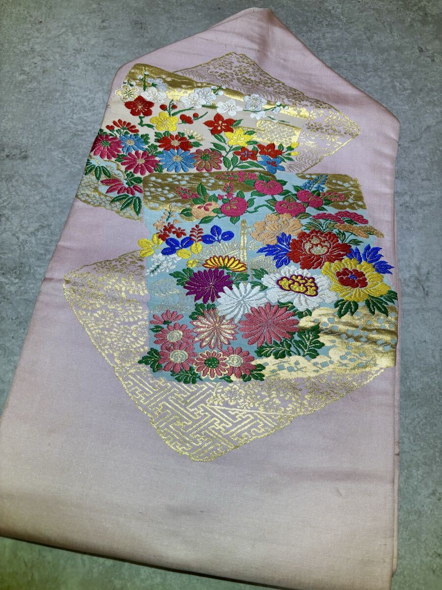 名古屋帯　正絹　菊　牡丹　花　華　お太鼓柄　ピンク　着物　和服　リメイク　アンティーク　レトロ　染め替え　ハンドメイド　生地　高級