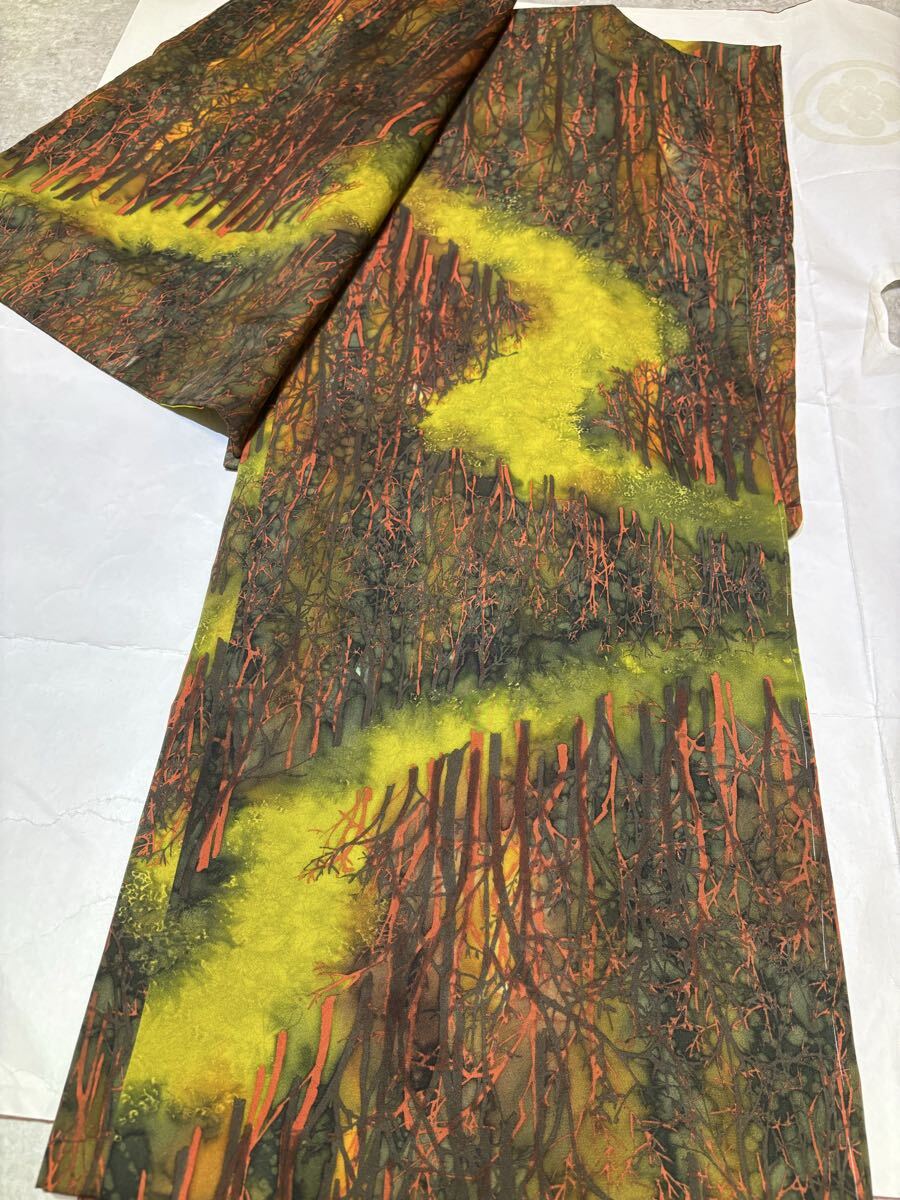 羽織り　正絹　暈　森林　枯れ木　紐付き　茶系　着物　和服　和装　リメイク　ハンドメイド　生地　衣装　百貨店　高級