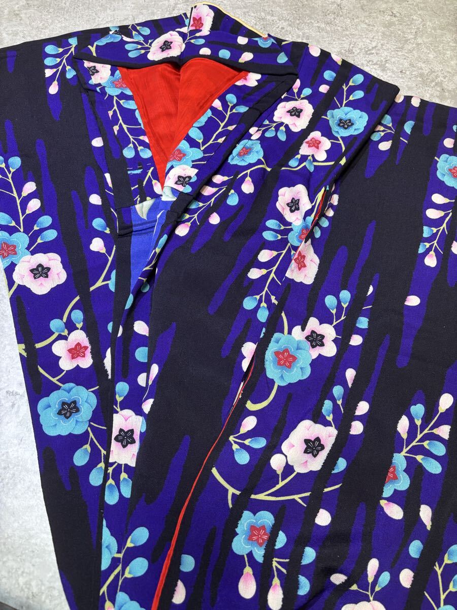 小紋　正絹　花　華　枝葉　黒色　着物　和服　和装　リメイク　アンティーク　レトロ　染め替え　ハンドメイド　生地　衣装　高級