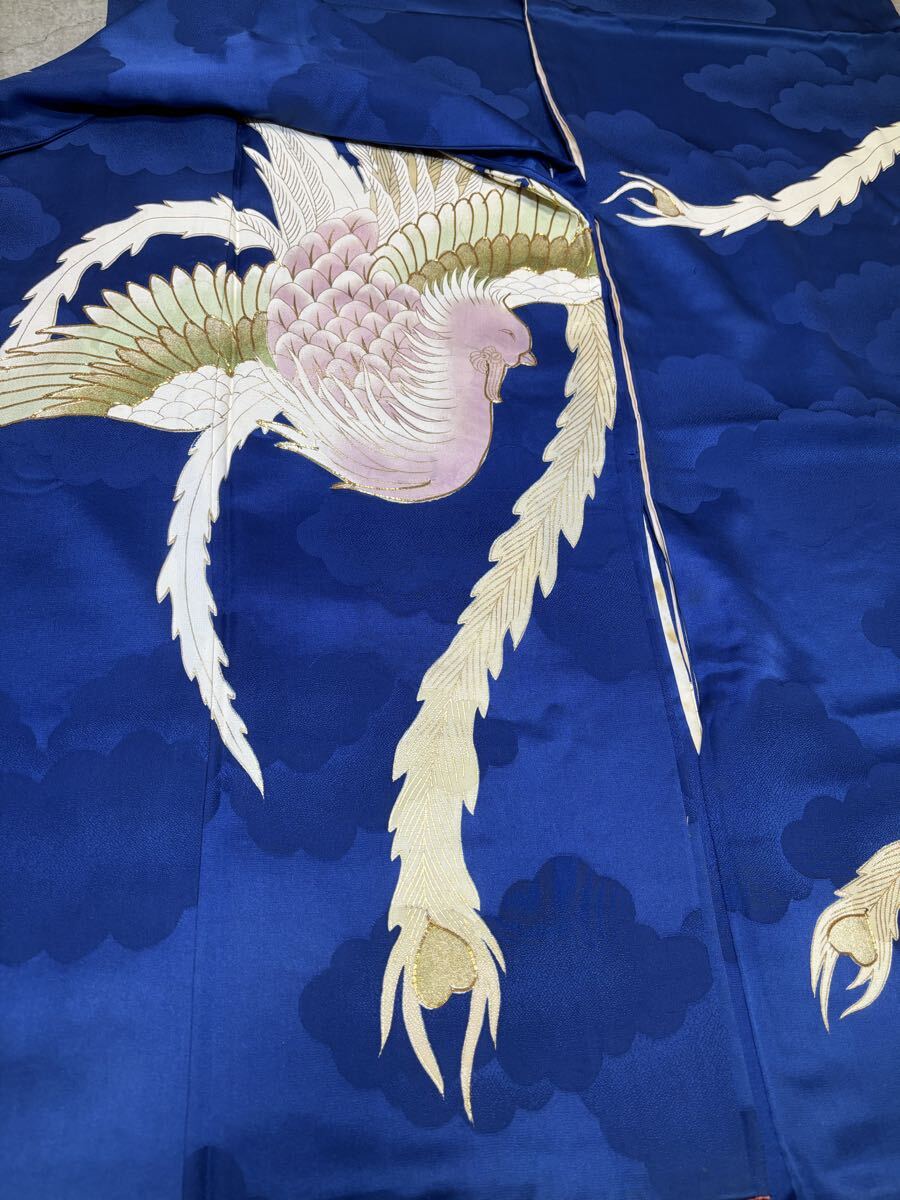 振袖　正絹　金彩　金駒繍　鳳凰　雲　青色地　着物　和服　和装　リメイク　染め替え　ハンドメイド　生地　衣装　百貨店　高級