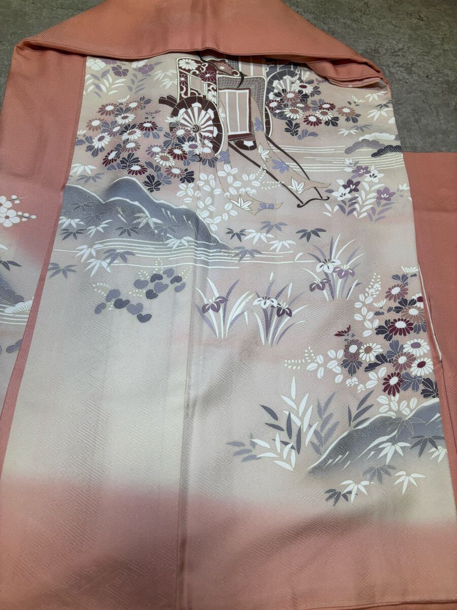 訪問着　正絹　金彩　紗綾形　御所車　花　華　一つ紋付き　ピンク　着物　和服　和装　リメイク　ハンドメイド　生地　衣装　高級