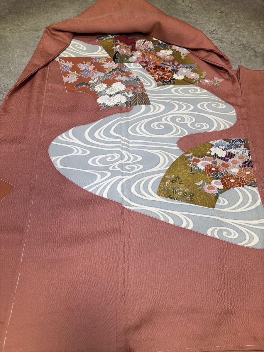 訪問着　正絹　金彩　扇　流水　御所車　花　華　ピンク　着物　和服　和装　リメイク　ハンドメイド　生地　衣装　百貨店　高級
