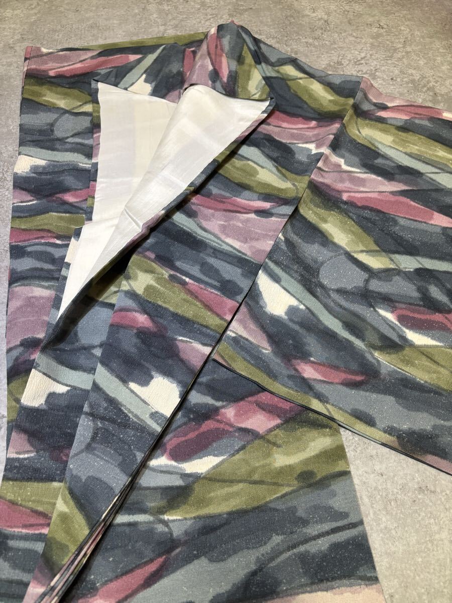紬　正絹　暈　カラフル　クリーム色　着物　和服　和装　リメイク　ハンドメイド　生地　百貨店　高級