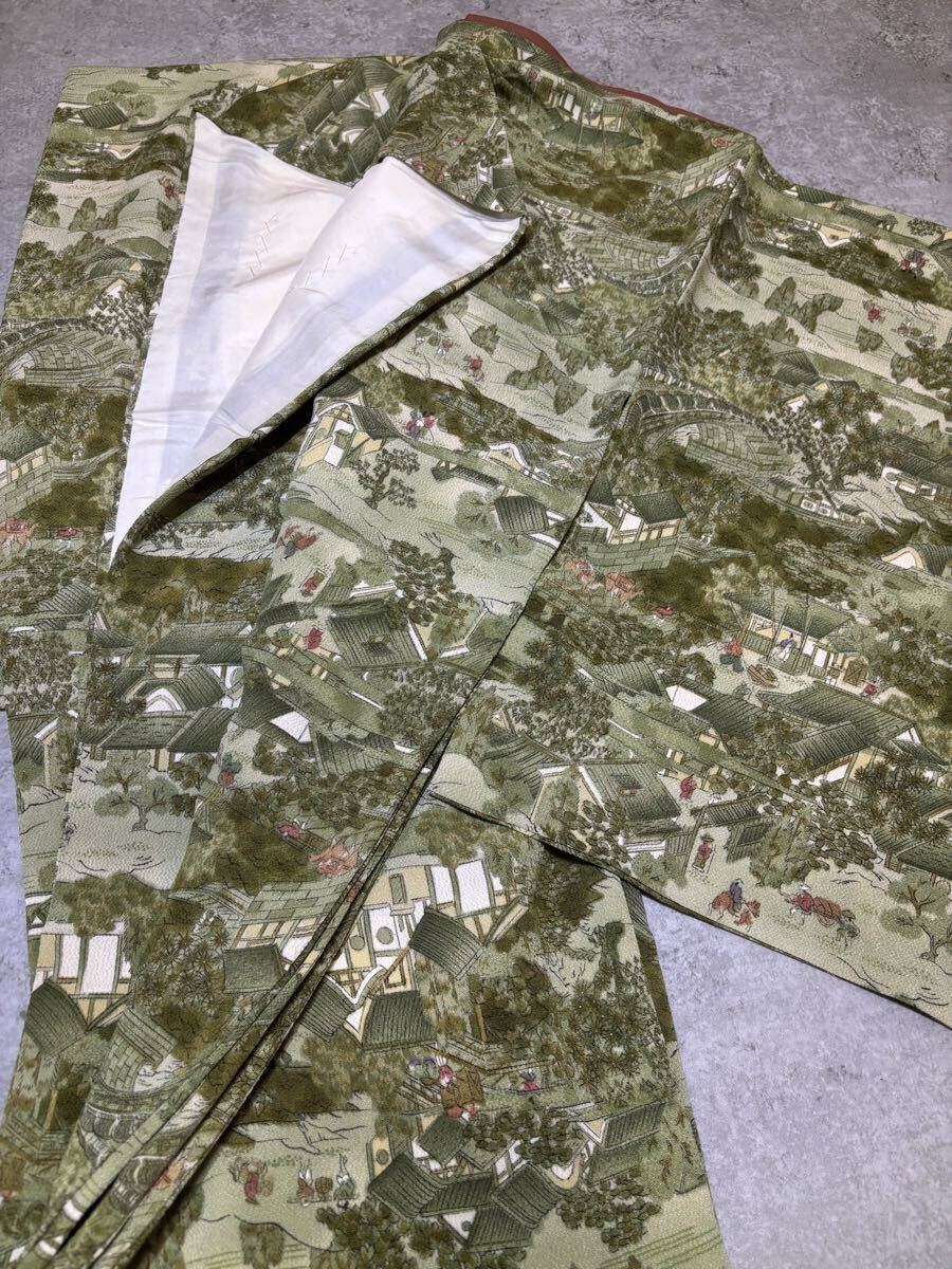小紋　正絹　鬼しぼちりめん　江戸風景　緑色　着物　和服　和装　リメイク　ハンドメイド　生地　衣装　百貨店　高級