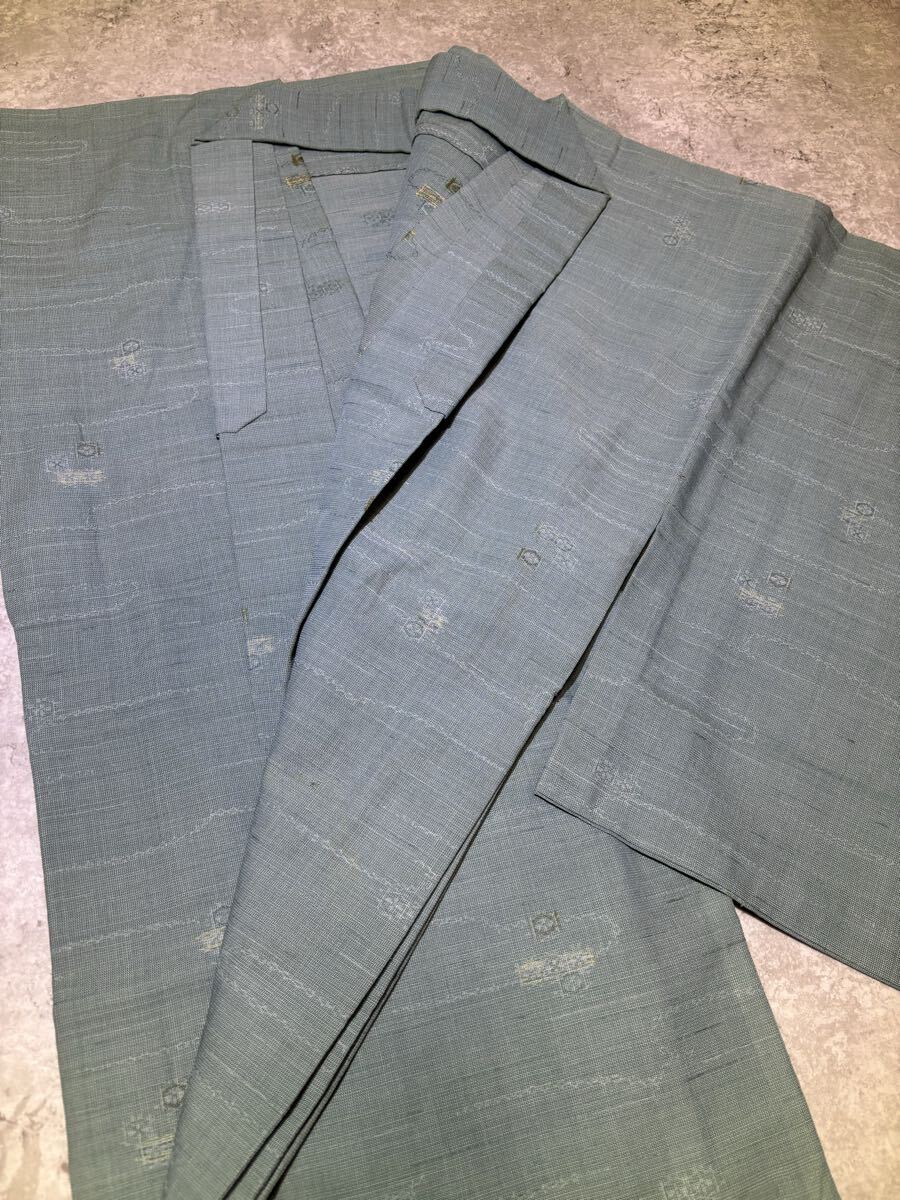 紬　小紋　単衣　亀甲　青緑色　着物　和服　和装　リメイク　染め替え　ハンドメイド　生地　衣装