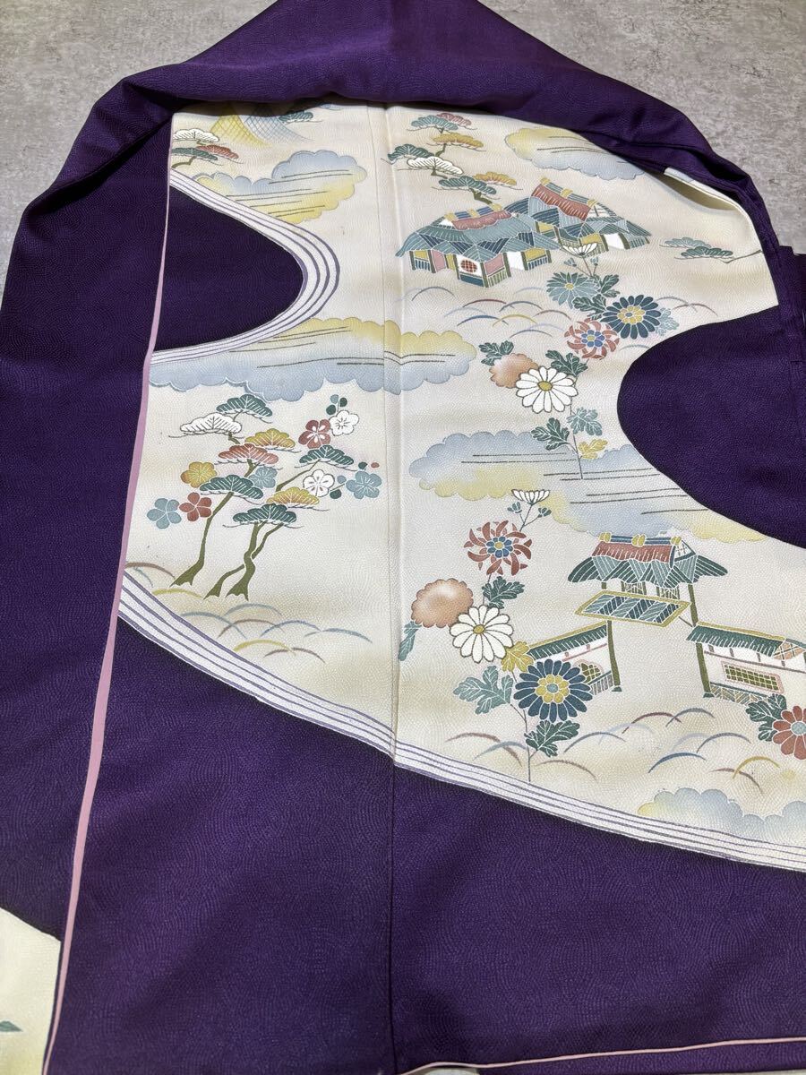 色留袖　正絹　鮫　風景　流水　松　梅　菊　一つ紋付き　紫　着物　和服　リメイク　染め替え　ハンドメイド　生地　衣装　百貨店　高級