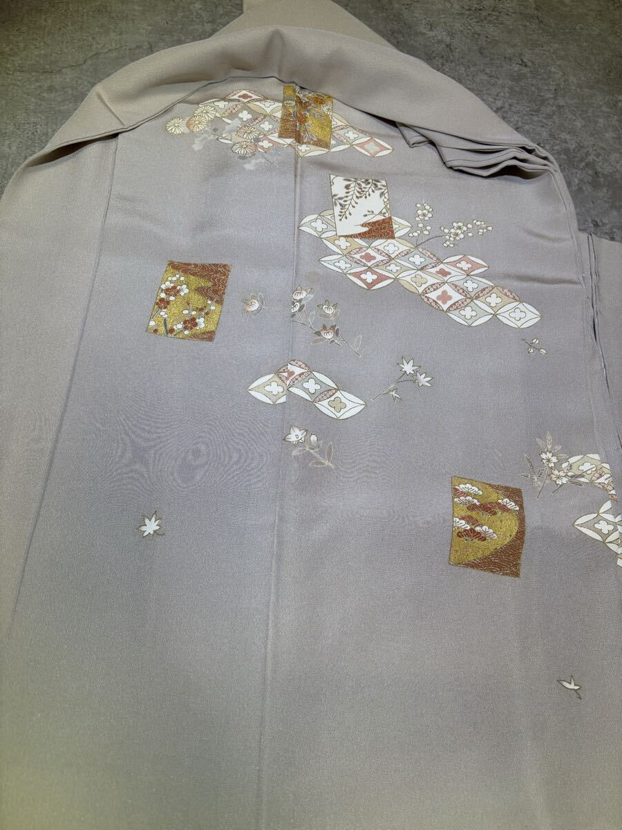訪問着　正絹　金彩　金駒繍　七宝文　菊　花　華　ベージュ　着物　和服　和装　リメイク　染め替え　ハンドメイド　生地　衣装　高級
