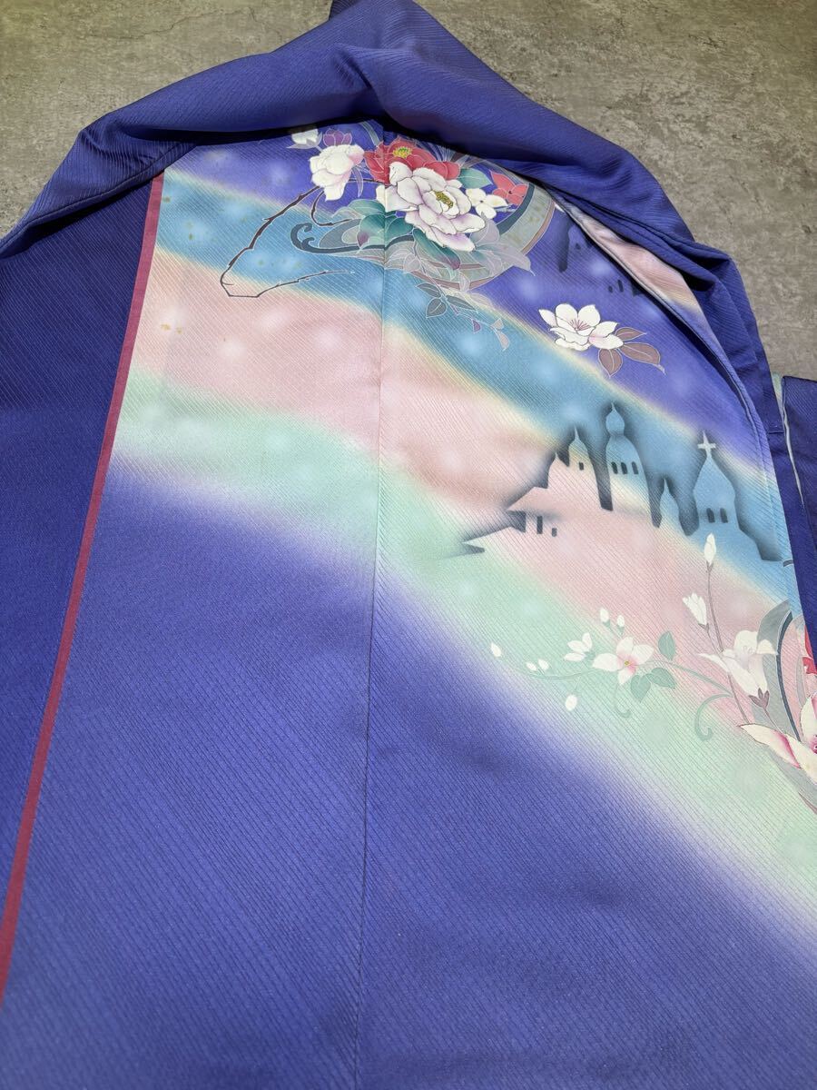 訪問着　正絹　暈　花　華　枝葉　教会　青紫色　着物　和服　和装　リメイク　染め替え　ハンドメイド　生地　衣装　百貨店　高級