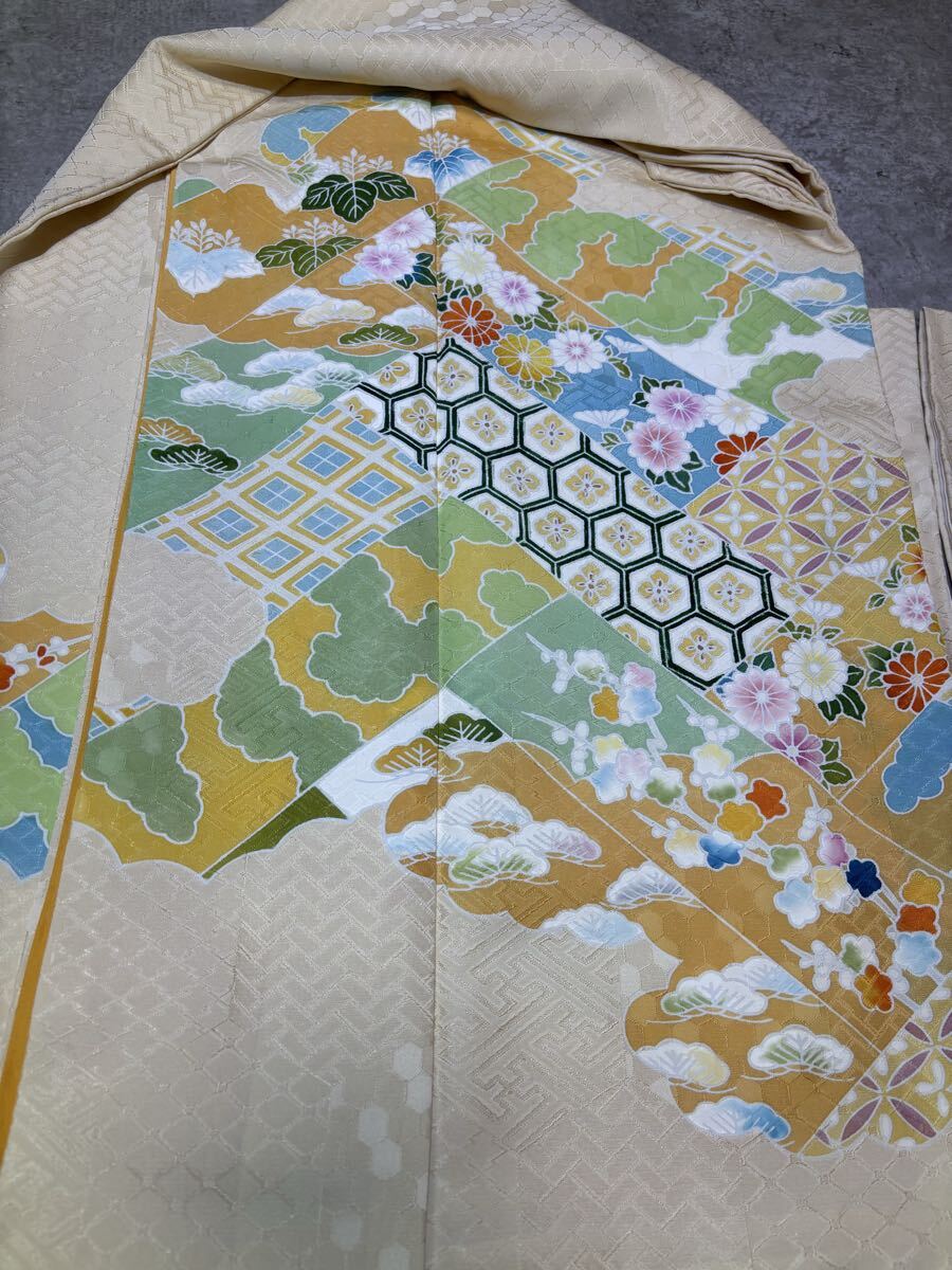 訪問着　正絹　七宝文　亀甲　桧垣　桐　菊　クリーム色　着物　和服　和装　リメイク　ハンドメイド　生地　衣装　百貨店　高級