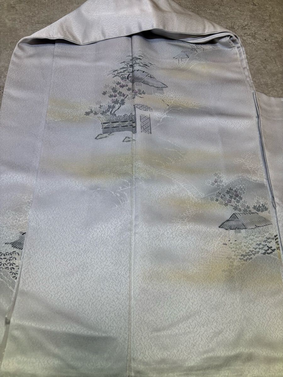 訪問着　正絹　風景　木屋　枝紅葉　灰色　着物　和服　和装　リメイク　染め替え　ハンドメイド　生地　衣装　百貨店　高級