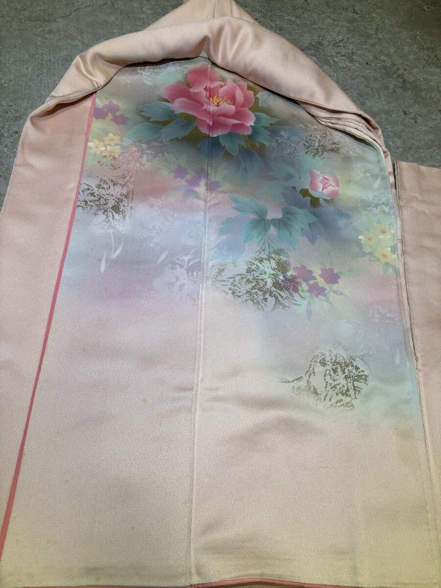 訪問着　正絹　暈　金彩　花　華　葉柄　ピンク　着物　和服　和装　リメイク　染め替え　ハンドメイド　生地　衣装　百貨店　高級