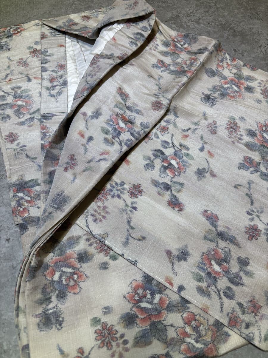 紬　正絹　暈　花　華　草葉　薄小豆色　着物　和服　和装　リメイク　ハンドメイド　生地　衣装　百貨店　高級