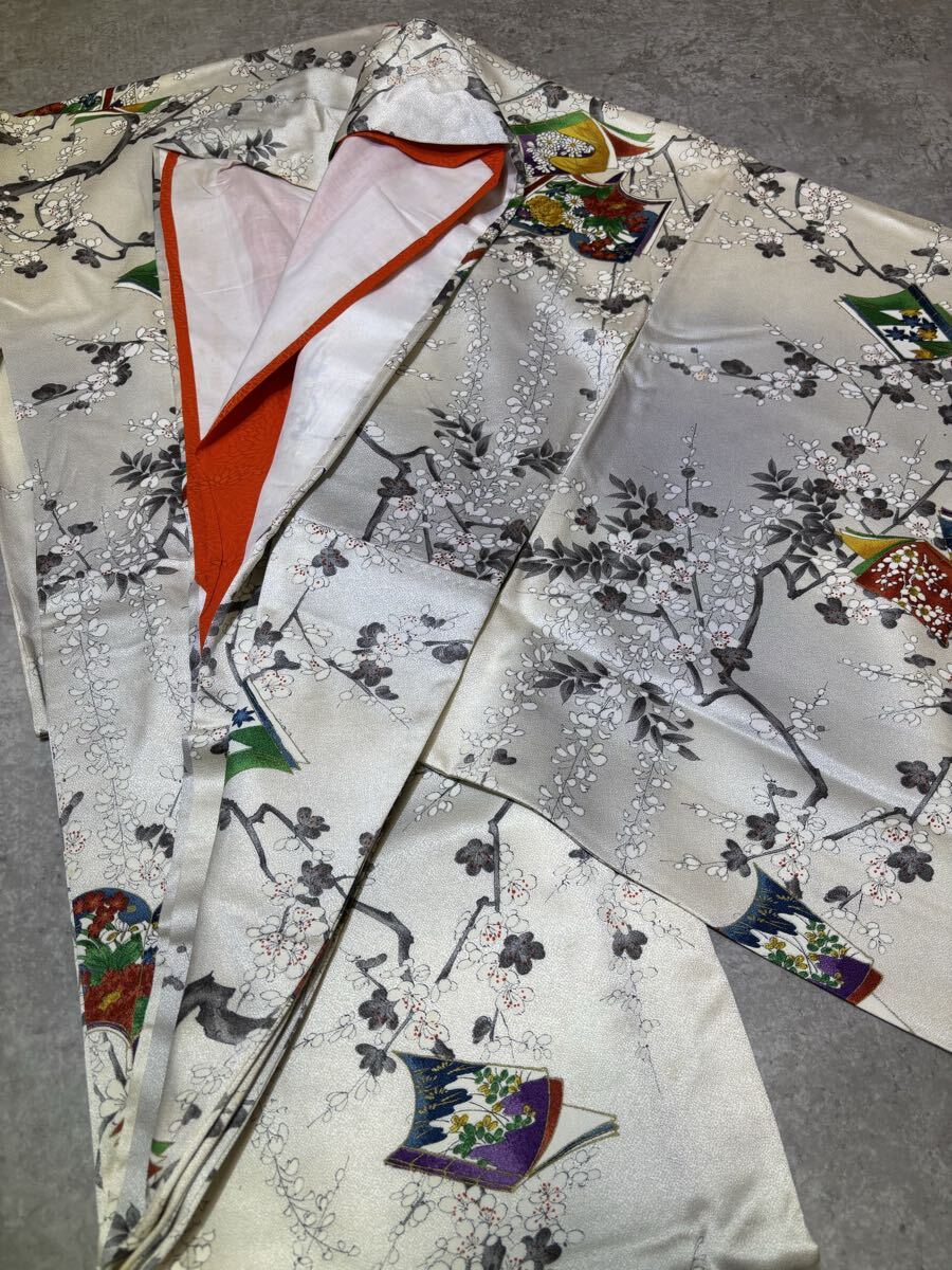 小紋　正絹　三松　半衿　暈　枝梅　花　華　白色　着物　和服　和装　リメイク　染め替え　ハンドメイド　生地　衣装　百貨店　高級