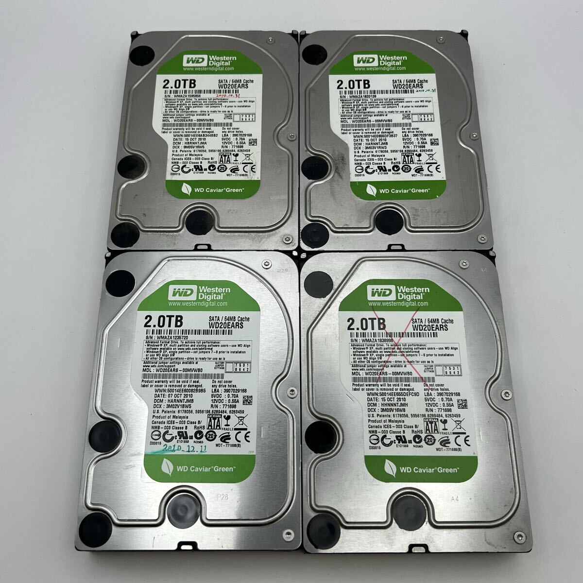 δ WD Caviar Green WD20EARS 2TB 3.5インチ SATA HDD 4台セット ジャンク扱い 動作未確認 現状品 同梱対応可能 簡易梱包 データ未確認